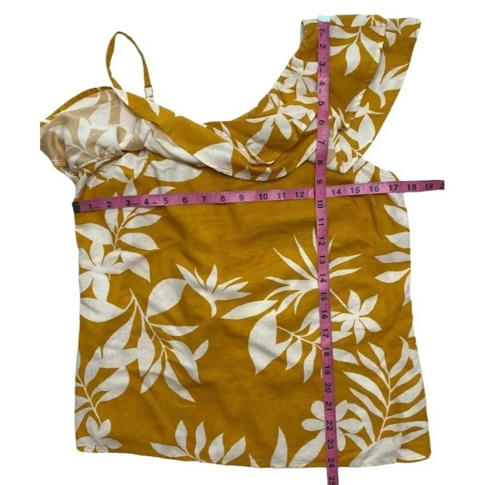 Womens Old Navy Mustard Yellow Asymmetrical‎ Sleeve Ruffle Linen Blend Top sz S